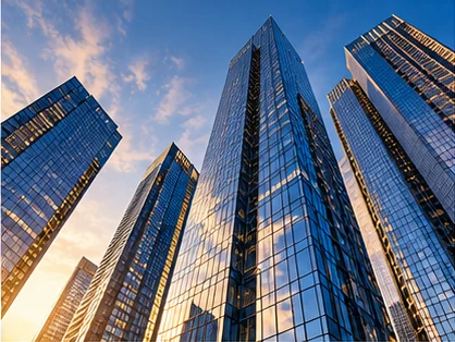 Contemporary commercial buildings photographed from below